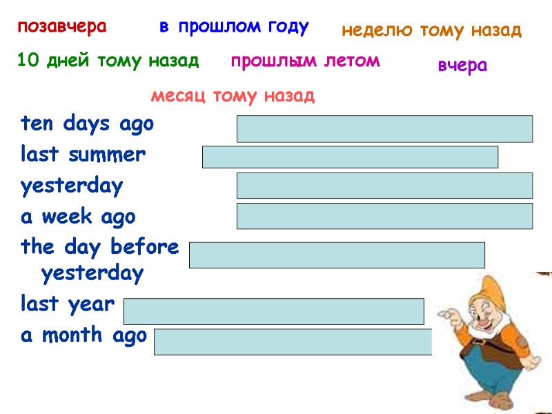 ten days ago   last summer yesterday a week ago the day before